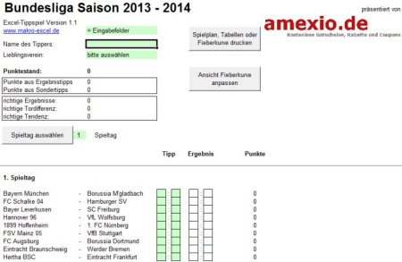 Screenshot Excel Tippschein 1. Bundesliga 2013/2014