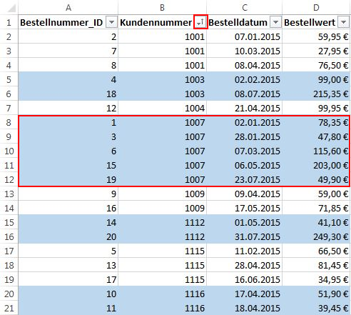 Zusammenhängende Datensätze farblich hervorgehoben