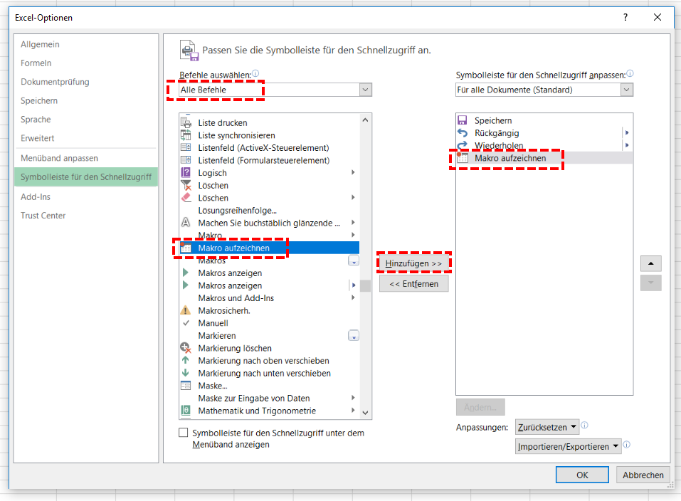 Excel Symbolleiste Befehle hinzufügen