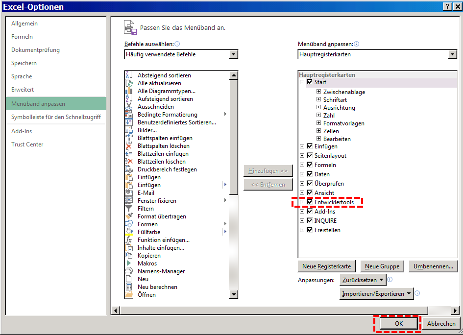 Excel Menüband anpassen