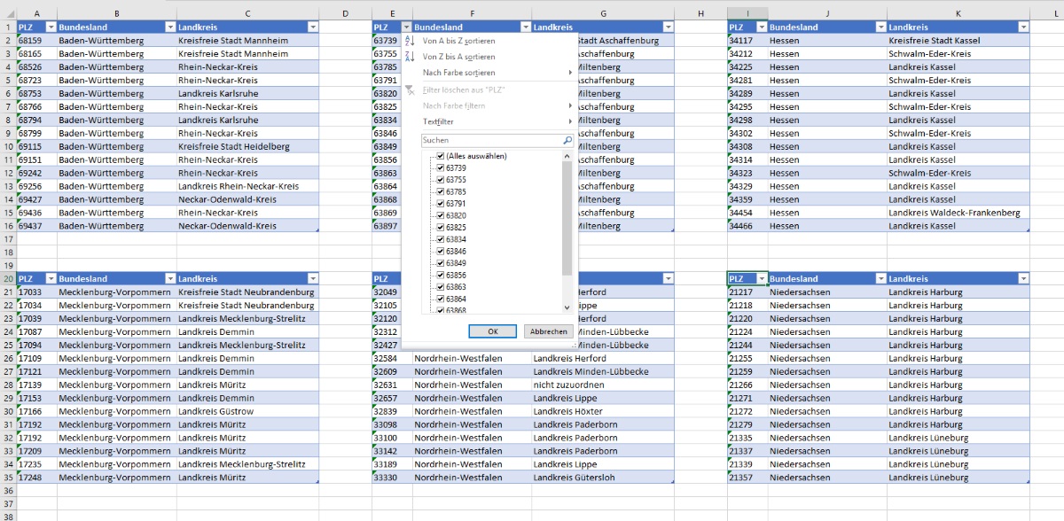 Mehrere Autofilter in einem Excel Tabellenblatt