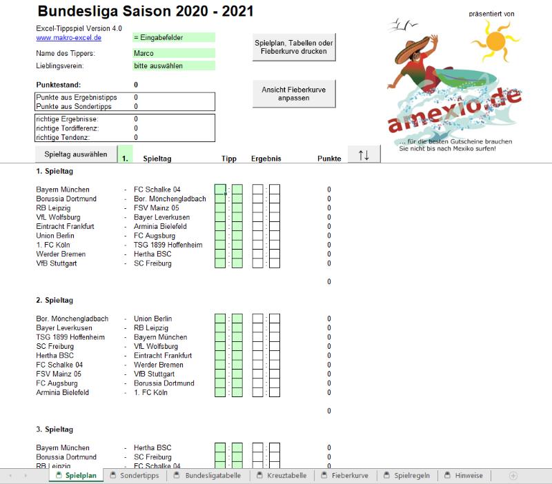 Excel Bundesliga Tippschein 2020-2021